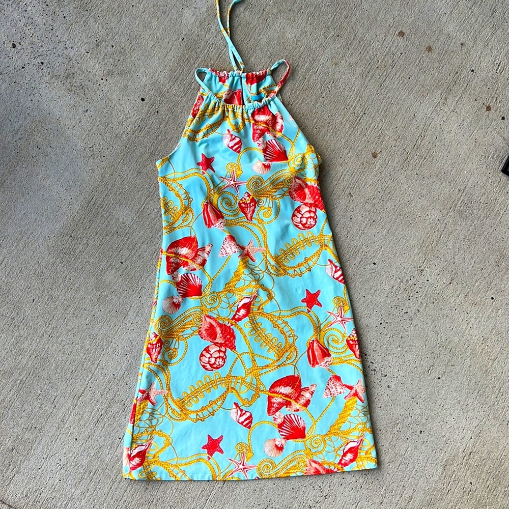 J. MCLAUGHLIN Catalina Cloth Shells & Rope Nautical Halter Dress Aqua Orange
